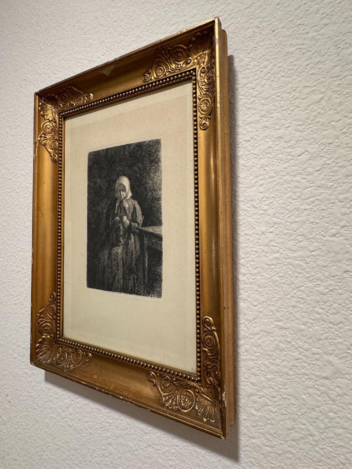 Antique 1900 Etching Old Woman Knitting Sewing J.V.N. Framed Very Good Condition
