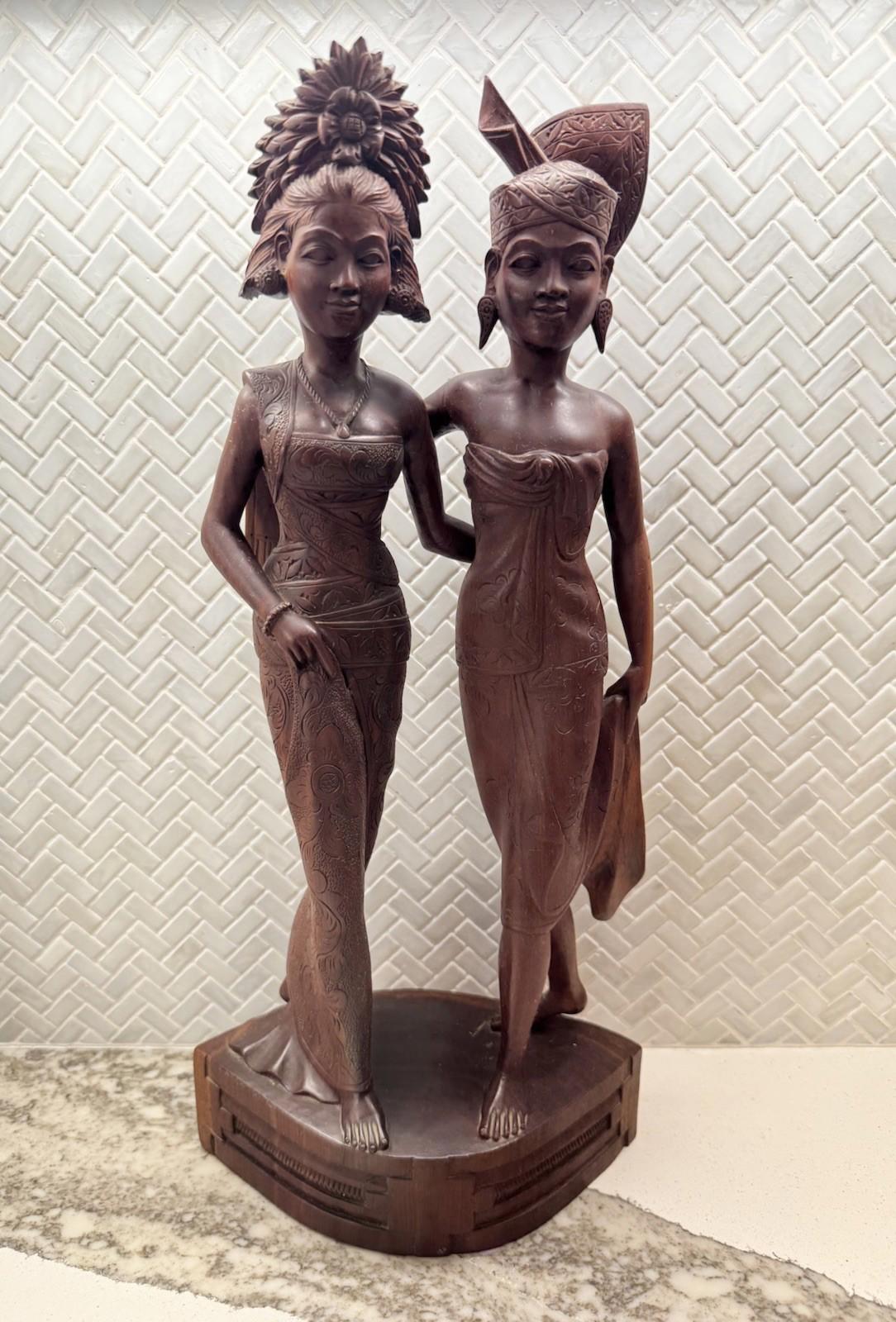 Vintage BALI WOMANS Hand Carved WOOD Sculpture Couple Statue