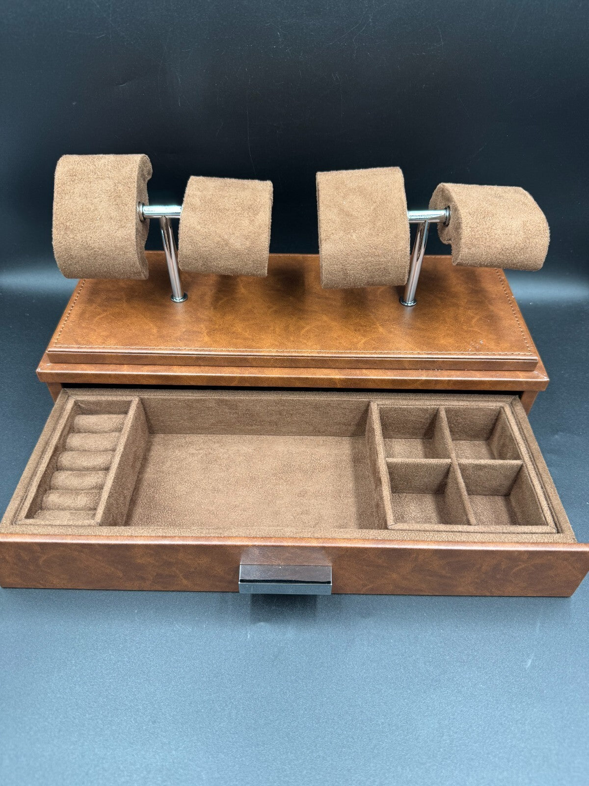 ROTHWELL 4 Slot Leather Watch Box with Valet Drawer - Luxury Case Display Brown
