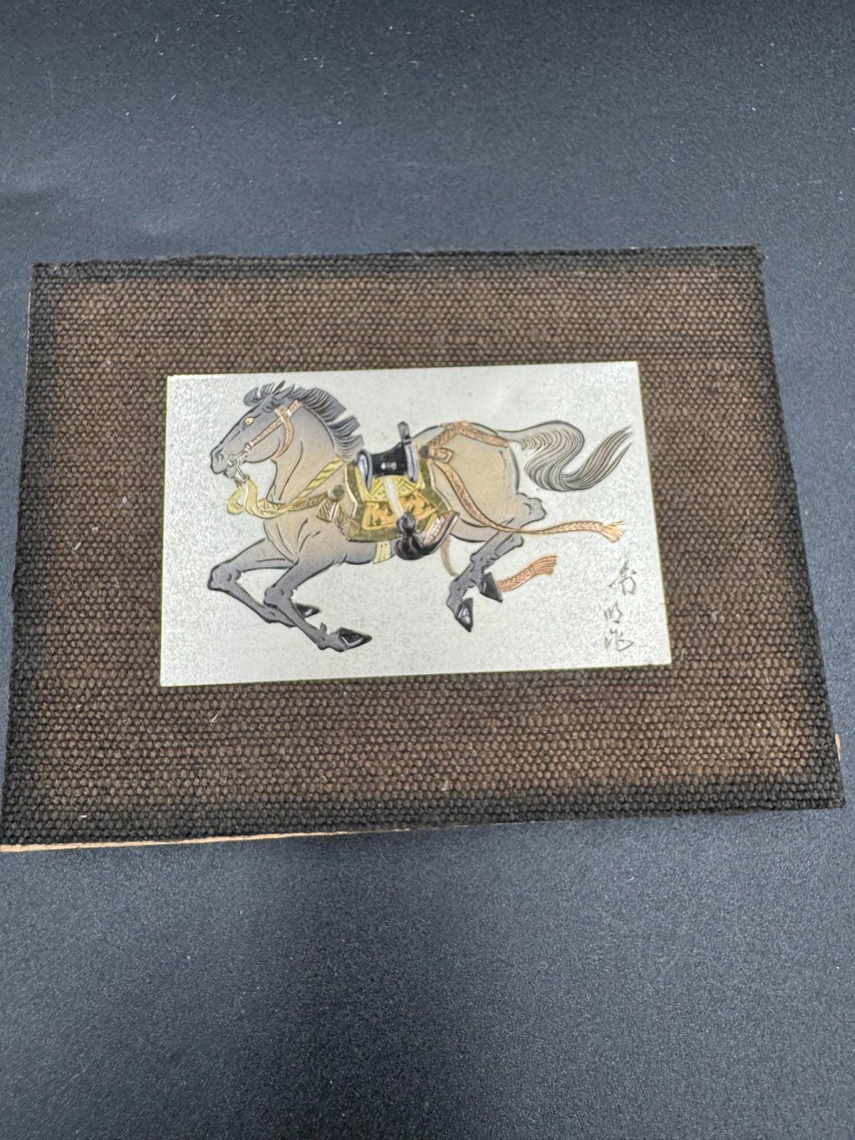 Vintage Japanese Damascene Horse Rider Plaque Silver Gold Inlay Framed K24 Japan