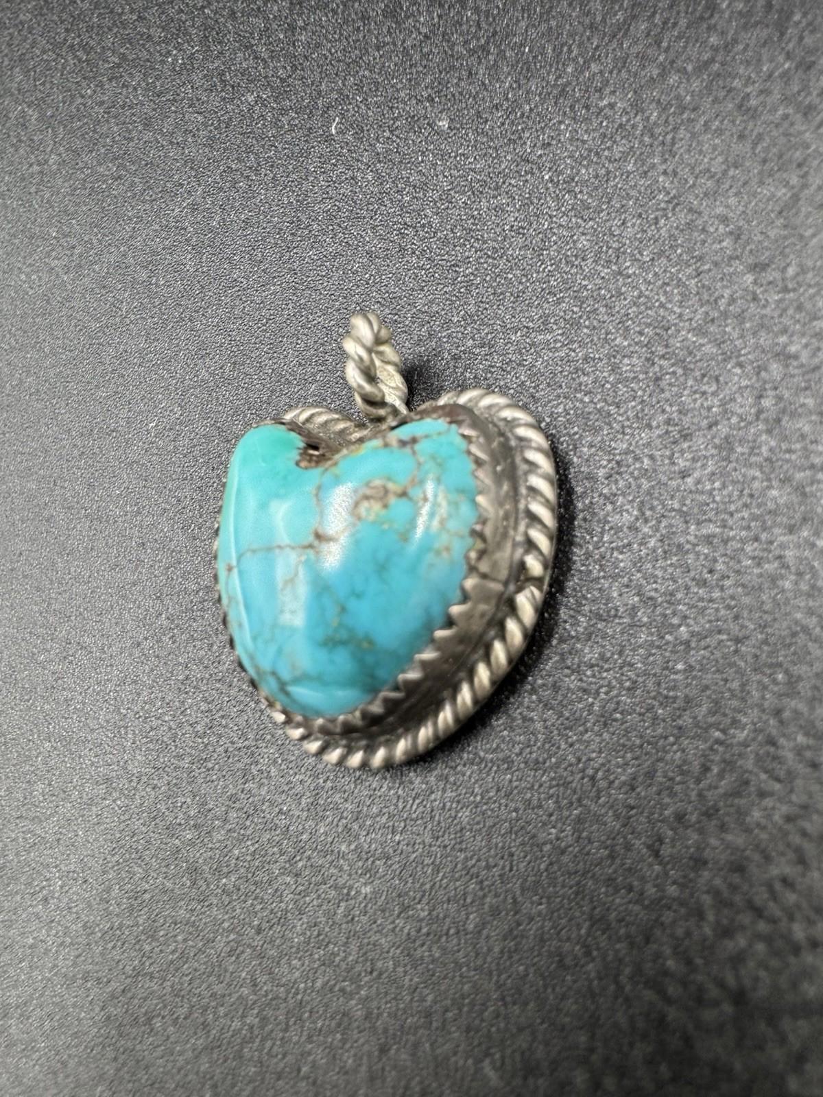 Vintage Navajo Turquoise Heart Pendant Silver Marked AG 5.39g See Condition VG+