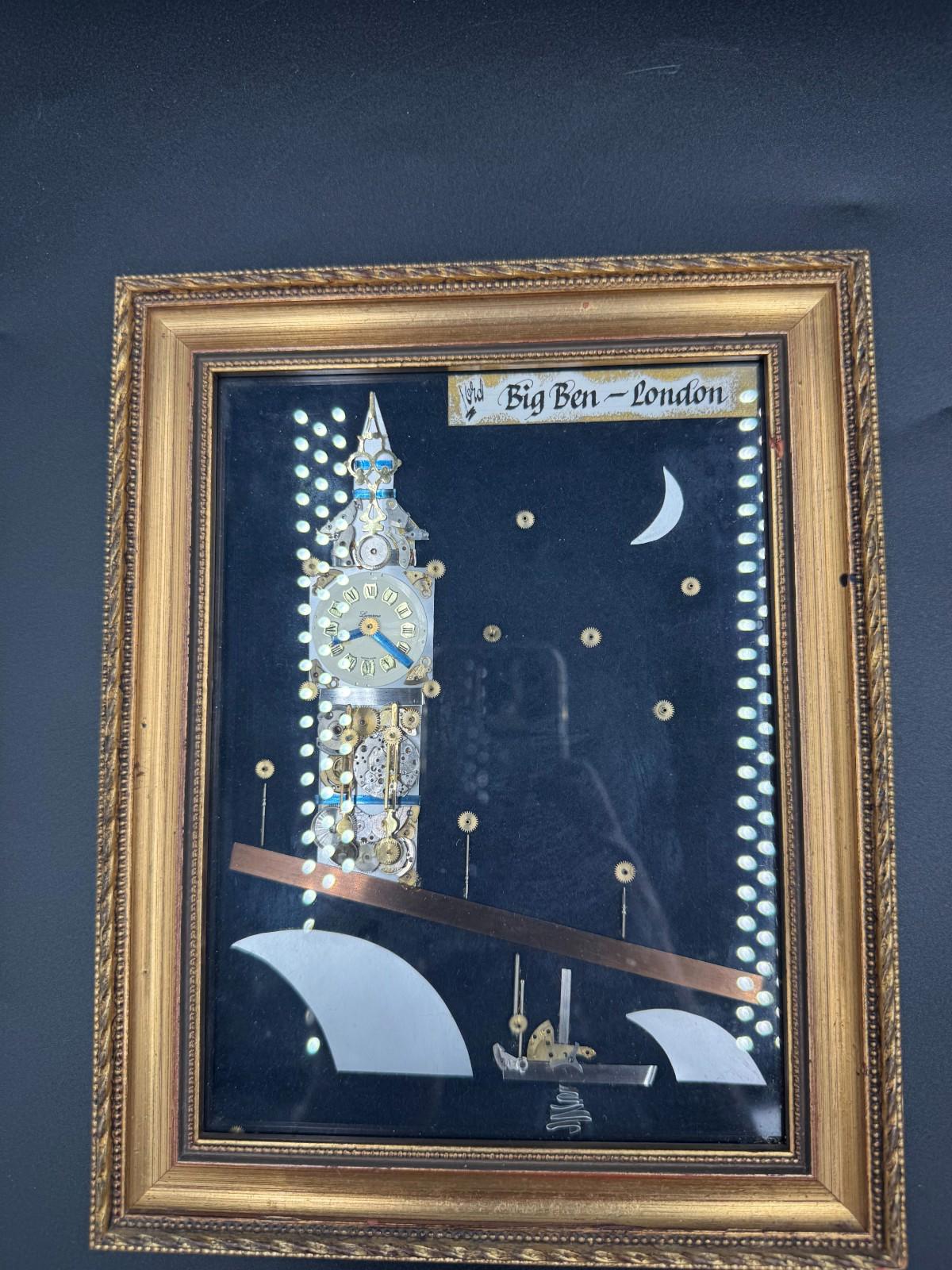 Vintage Framed Big Ben London Horological Collage Watch Parts Art Lucerna Unique