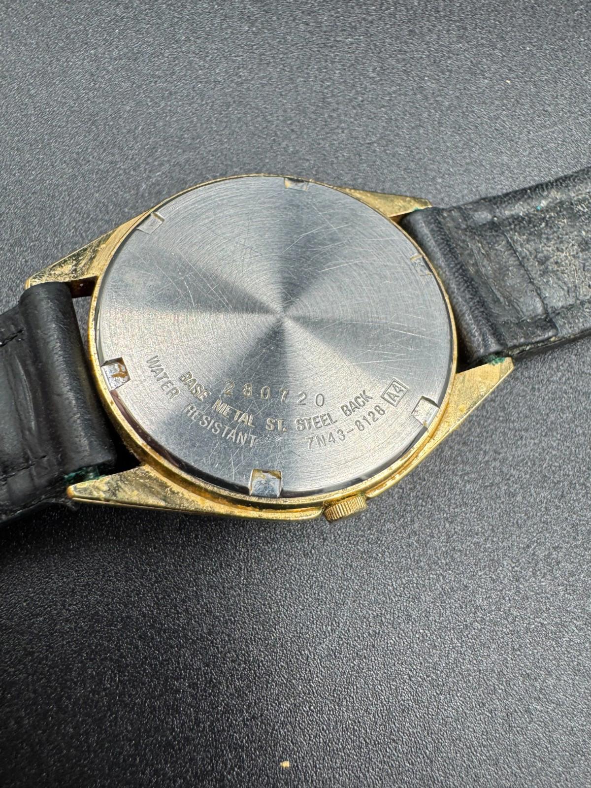 Seiko Quartz Vintage Black Dial Gold Tone Case 34mm 7N43-8128 - Needs Servicing