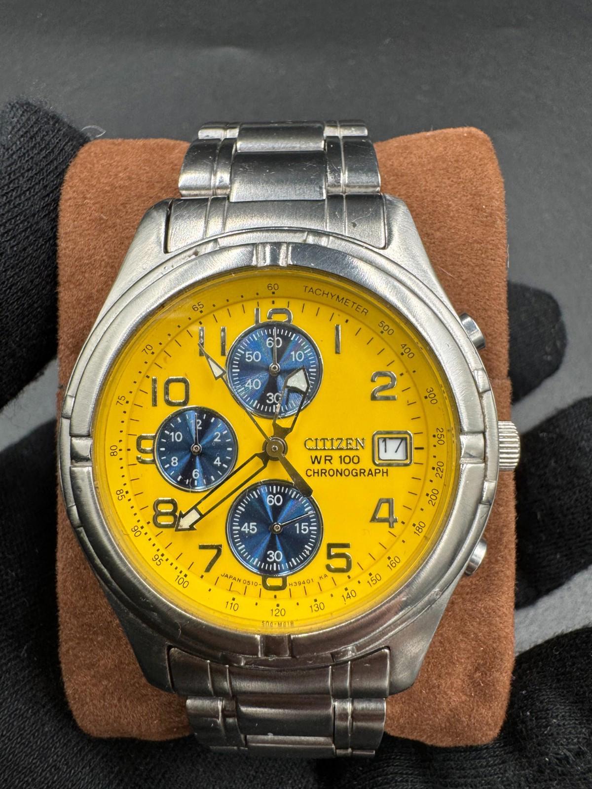 Citizen Mens Sport Chronograph Watch Yellow Panda Dial Date 38mm SS Bracelet WR