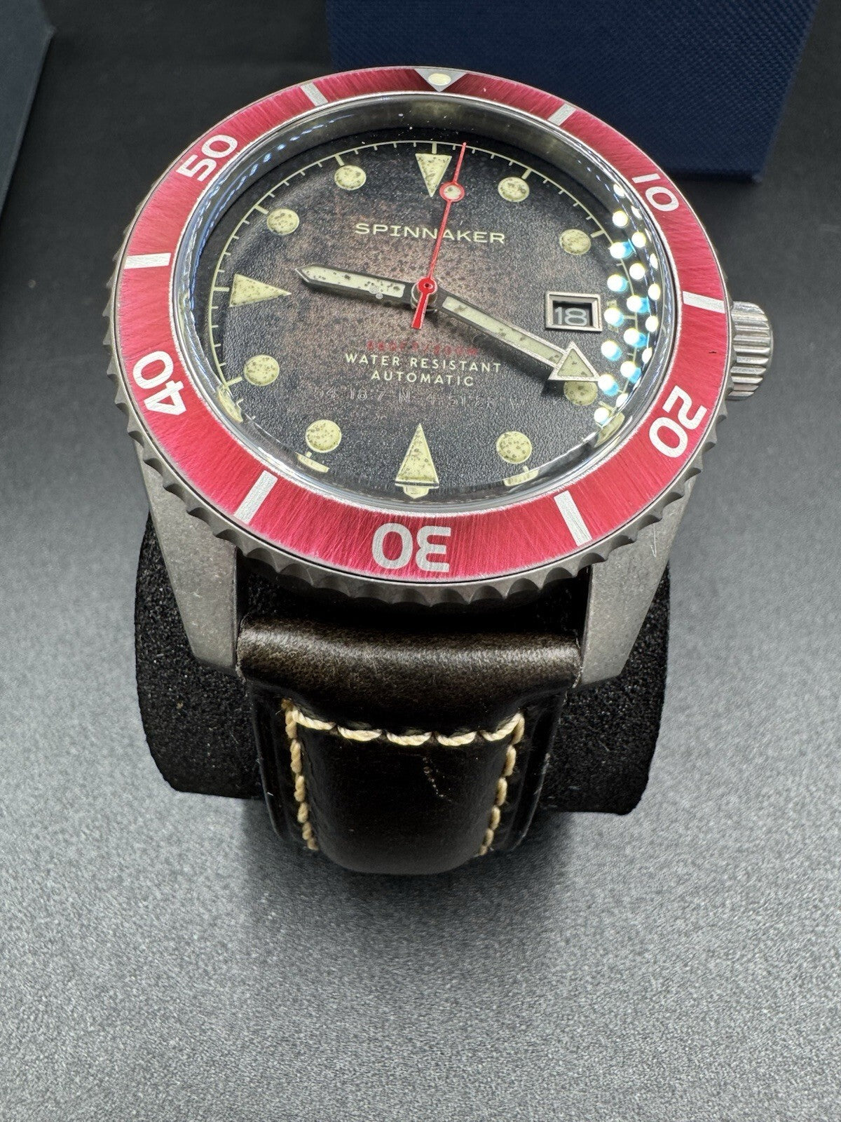 Spinnaker Wreck Red Ring and Gray with Leather Black Dial Wristwatch SP-5089-01
