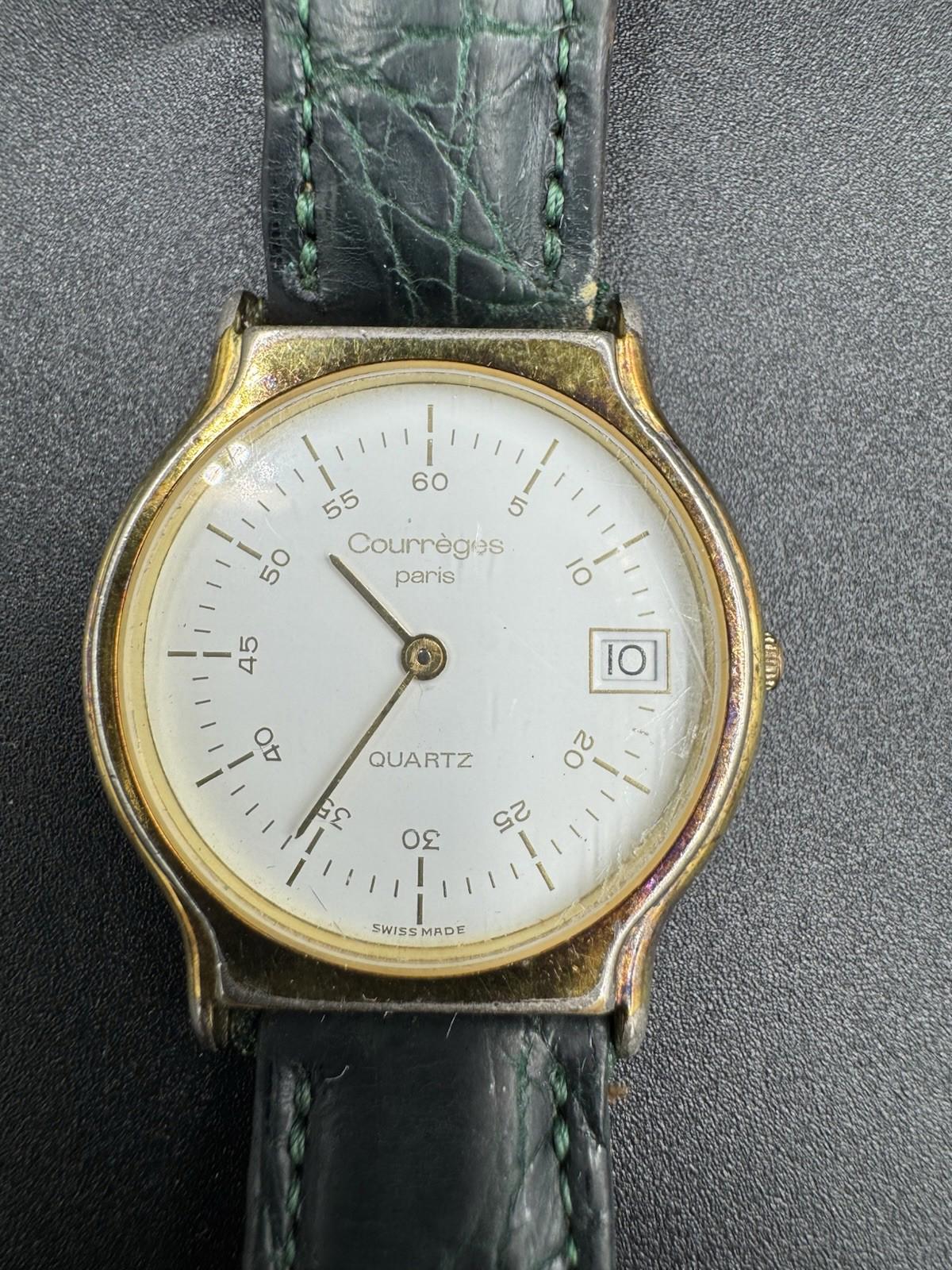 Vintage Courreges Paris Quartz Date Watch Swiss Made White Dial Green Band Great