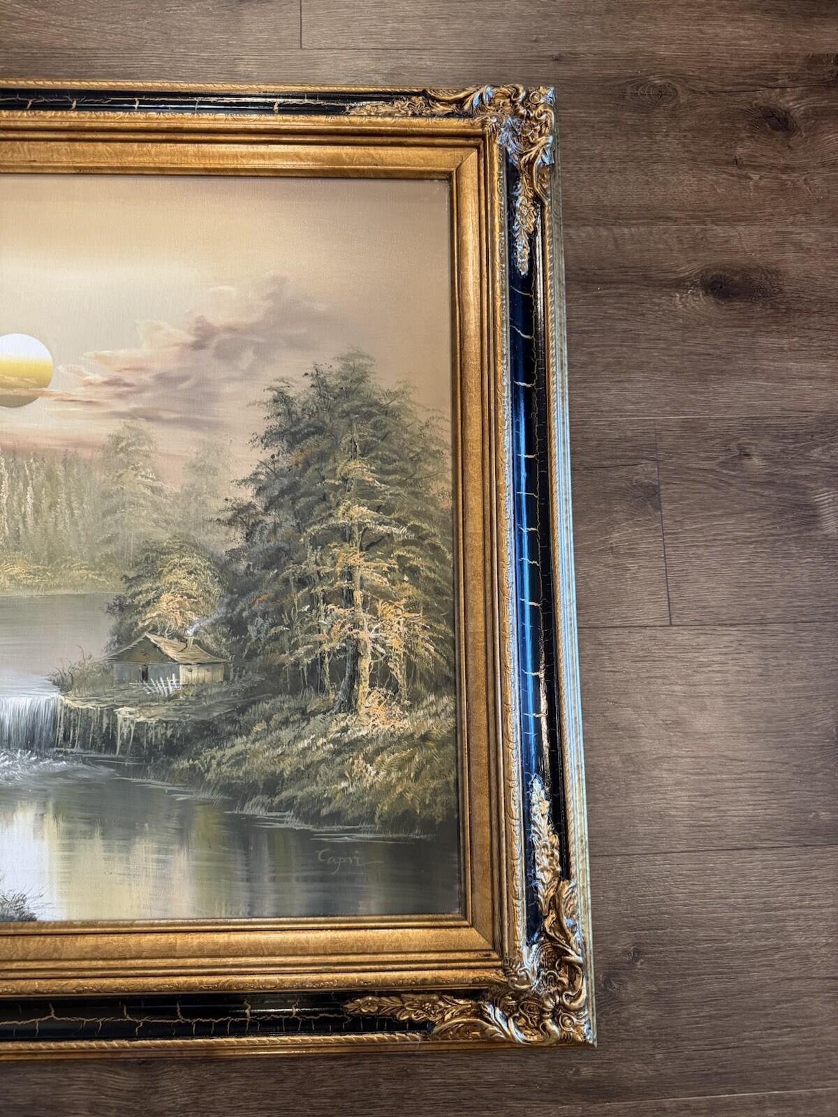 Original Signed “Capri” Oil Painting Forest Lake Cabin Waterfall Sunset Framed G