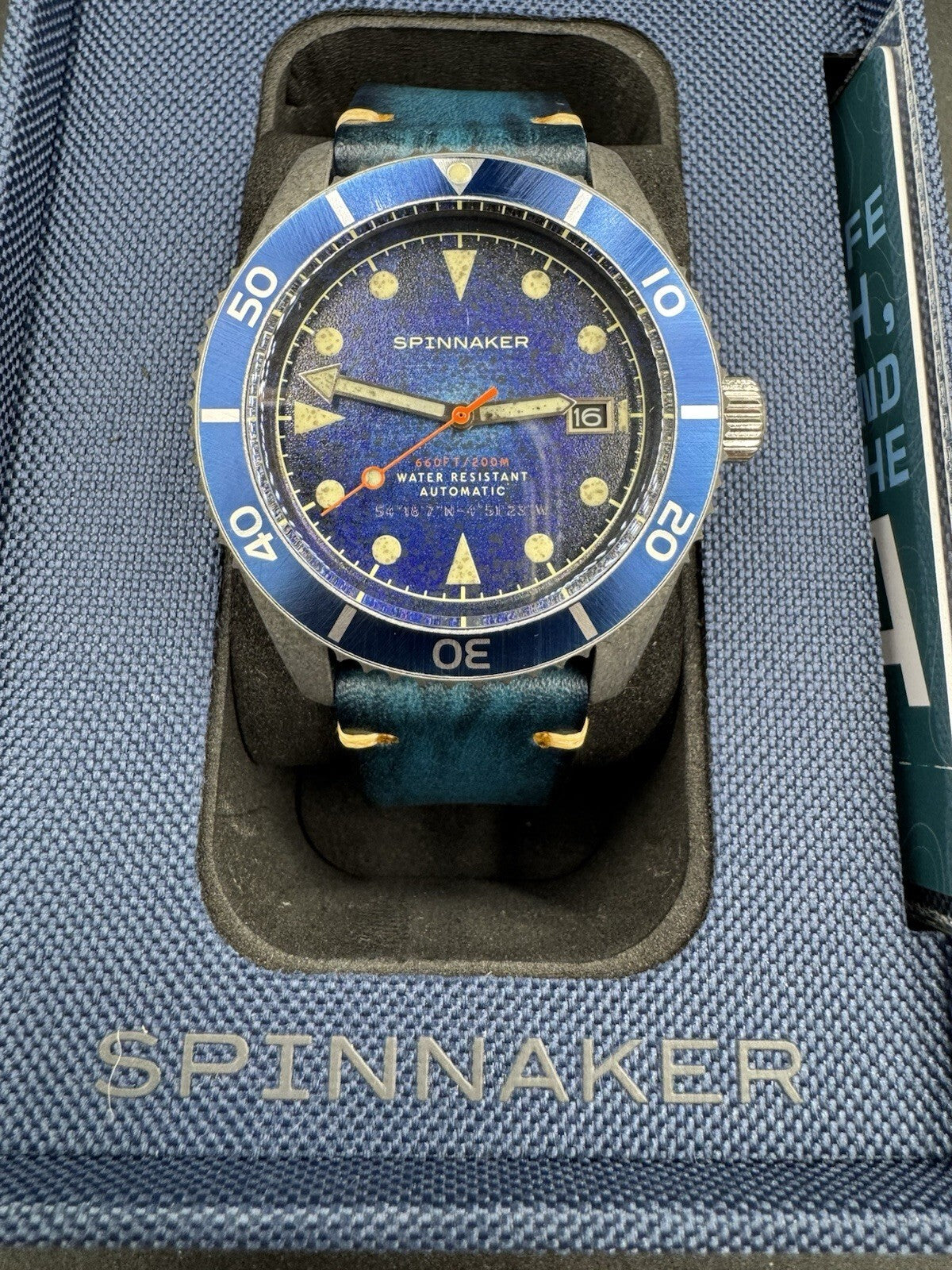 Spinnaker Wreck Auto Diver Oxidized Blue Leather Strap 44mm Watch Near Mint Cond