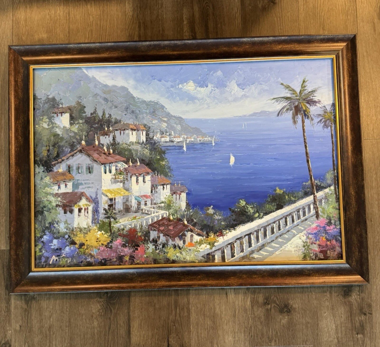 Original Signed Oil Painting Mediterranean Coastal Village Seascape Framed - VG+