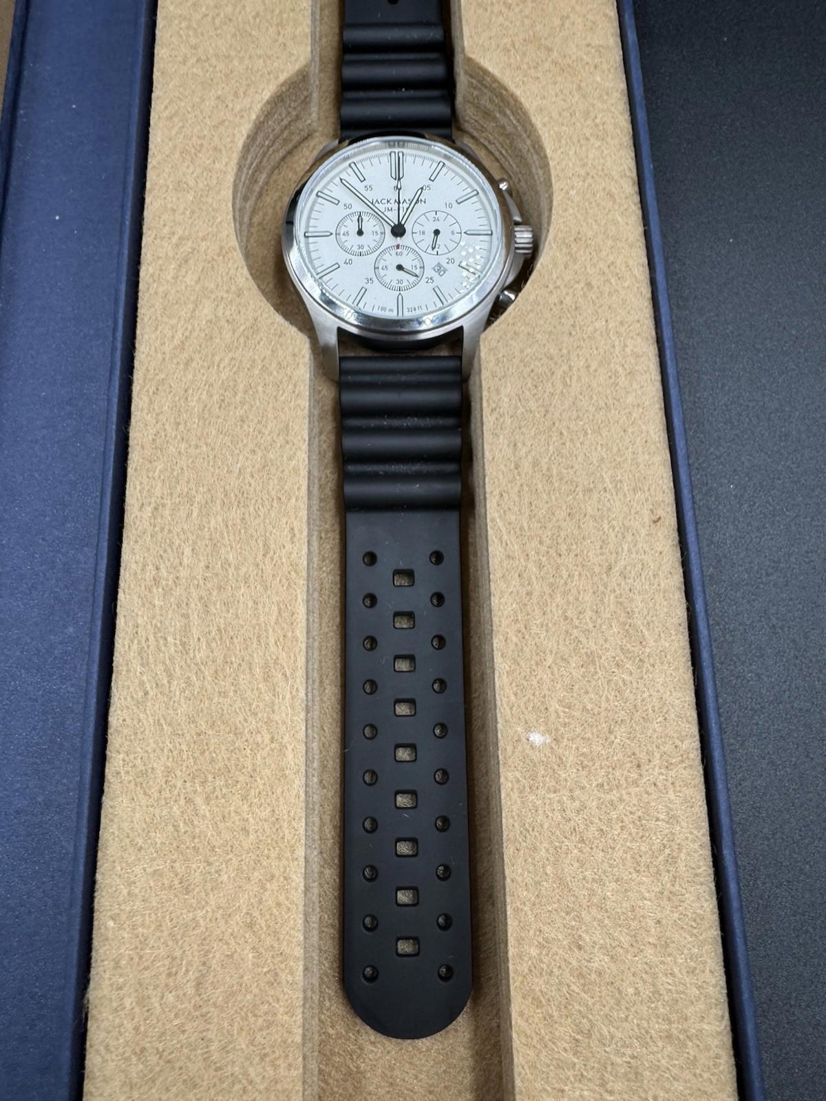 Jack Mason JM-F102 Chronograph Watch White Dial 38mm w/ Box Black Rubber Band OG