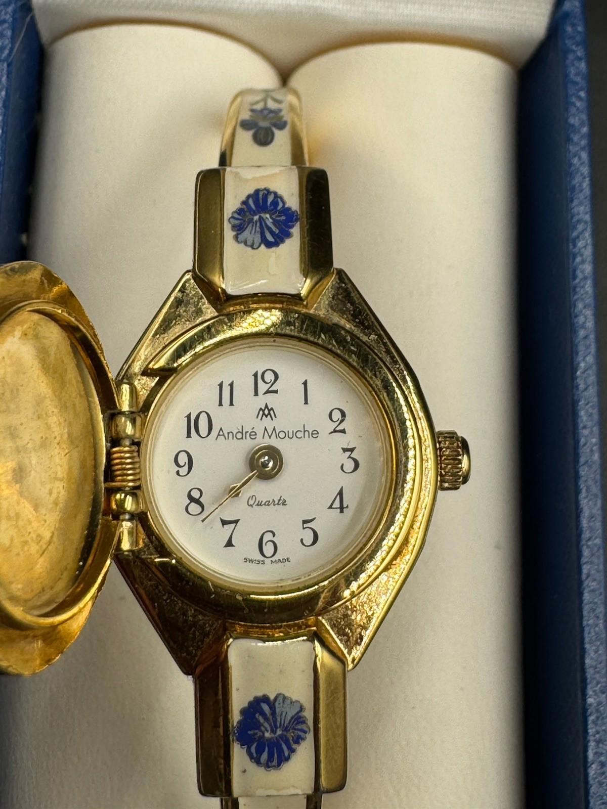 Vintage Andre Mouche Gold Tone Peekaboo Watch White Enamel Blue Flowers with box