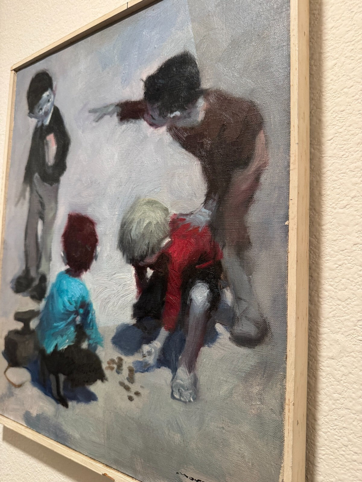 Marcello Signed Oil Painting Children Playing Coins Original Canvas Great Condit