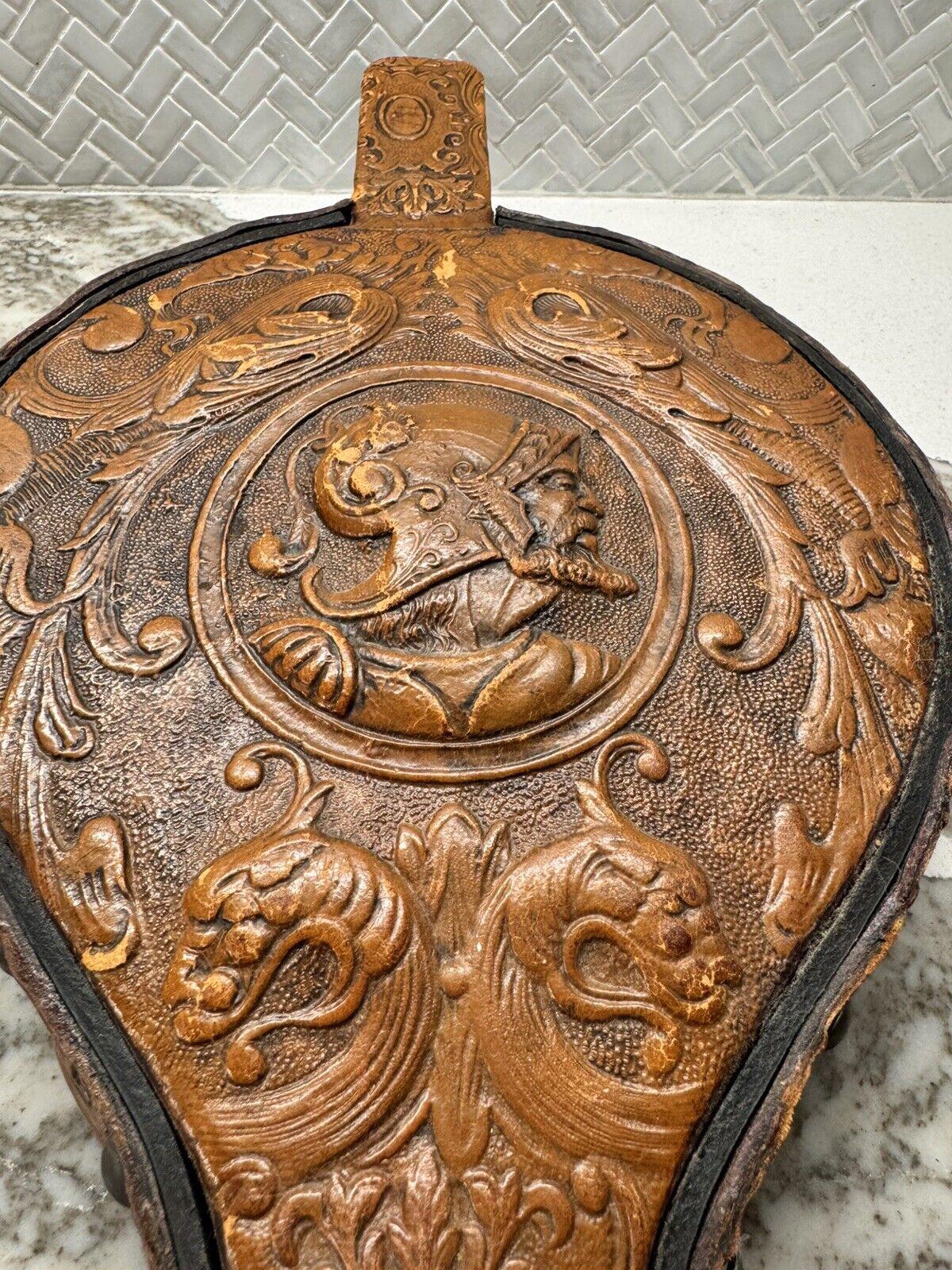 Antique Hand Tooled Leather Fireplace Bellow Wood Vintage