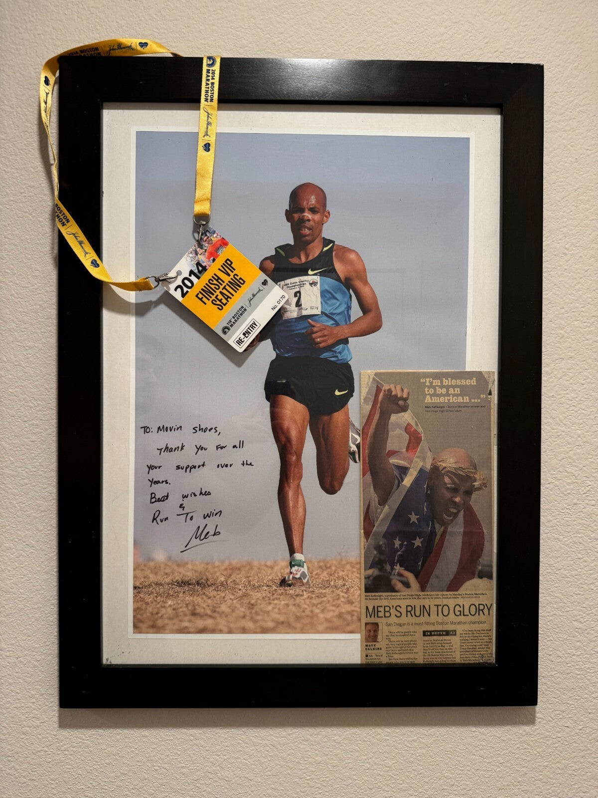 Meb Keflezighi Signed Photo Movin Shoes 2014 Boston VIP Display with Lineyard VG