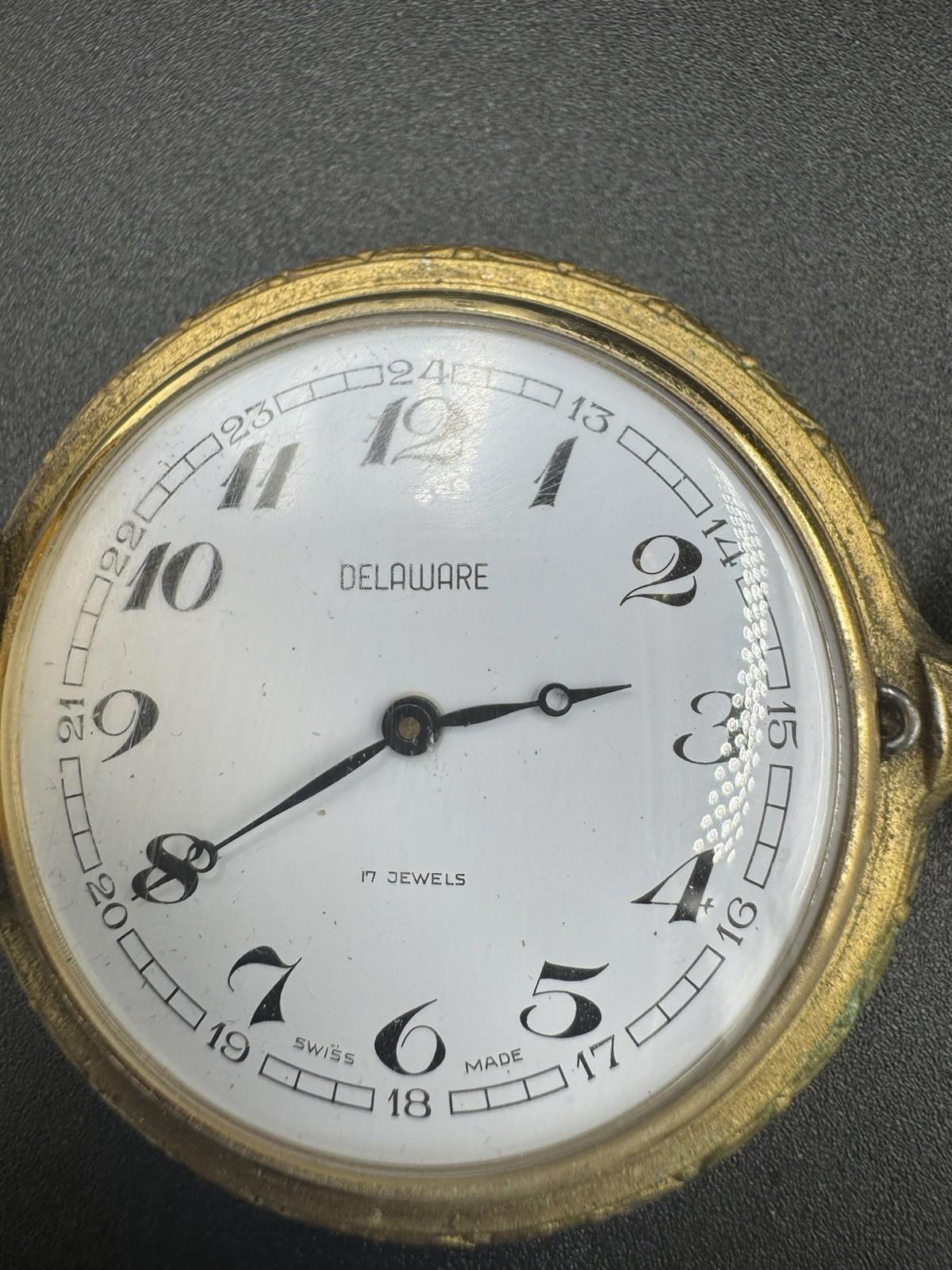 Vintage Delaware Pocket Watch 17 Jewels Swiss Fashiontime Hunter Case Non-Runnin