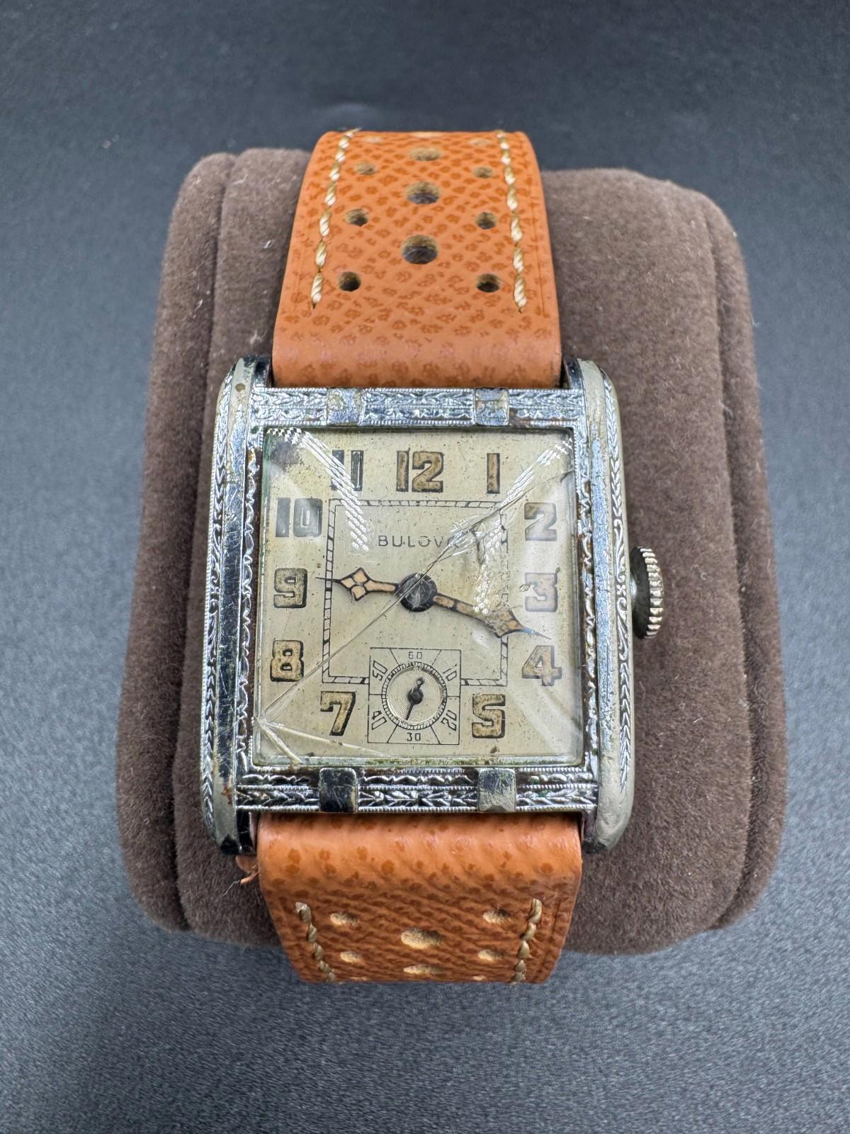 Vintage 1930s Bulova Engraved Tank Pat Jan 11 1927 17J Swiss Non-Running Cracked