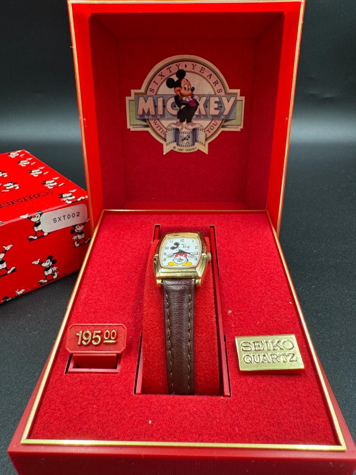 Classic 80's Mickey Mouse Face Leather Strap Watch Japan 2K02-5019 Seiko Quartz