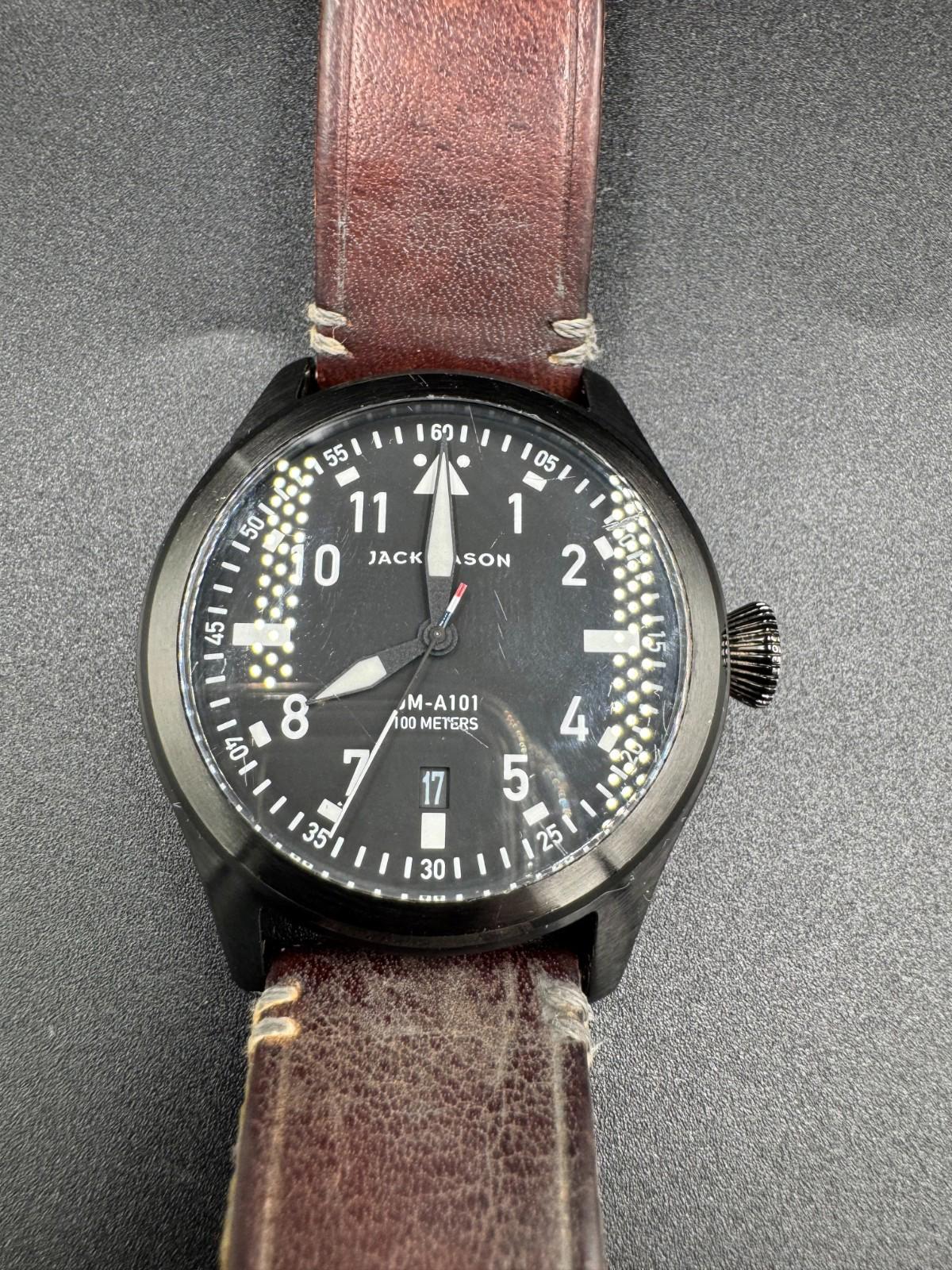 Jack Mason JM-A101 Aviation Black PVD Pilot Watch Leather Strap 42mm - Rare VG+