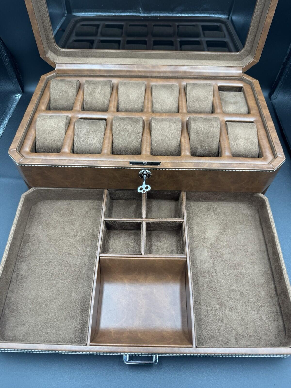 ROTHWELL 12 Slot Leather Watch Box - Luxury Case 12 - Tan / Brown - Near Mint Co
