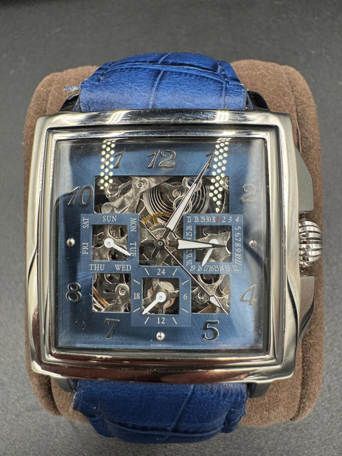 38mm Square SLVR/BLUE Auto Day Date 24-hour Blue Strap LOUIE BOLLE Mens Watches