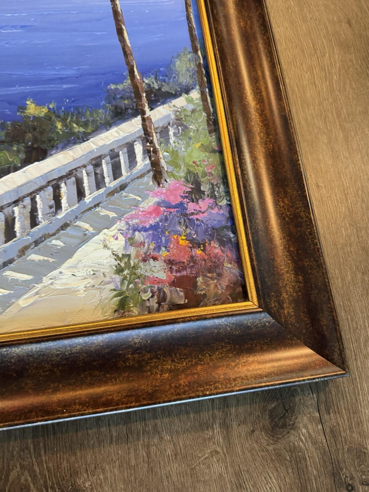 Original Signed Oil Painting Mediterranean Coastal Village Seascape Framed - VG+
