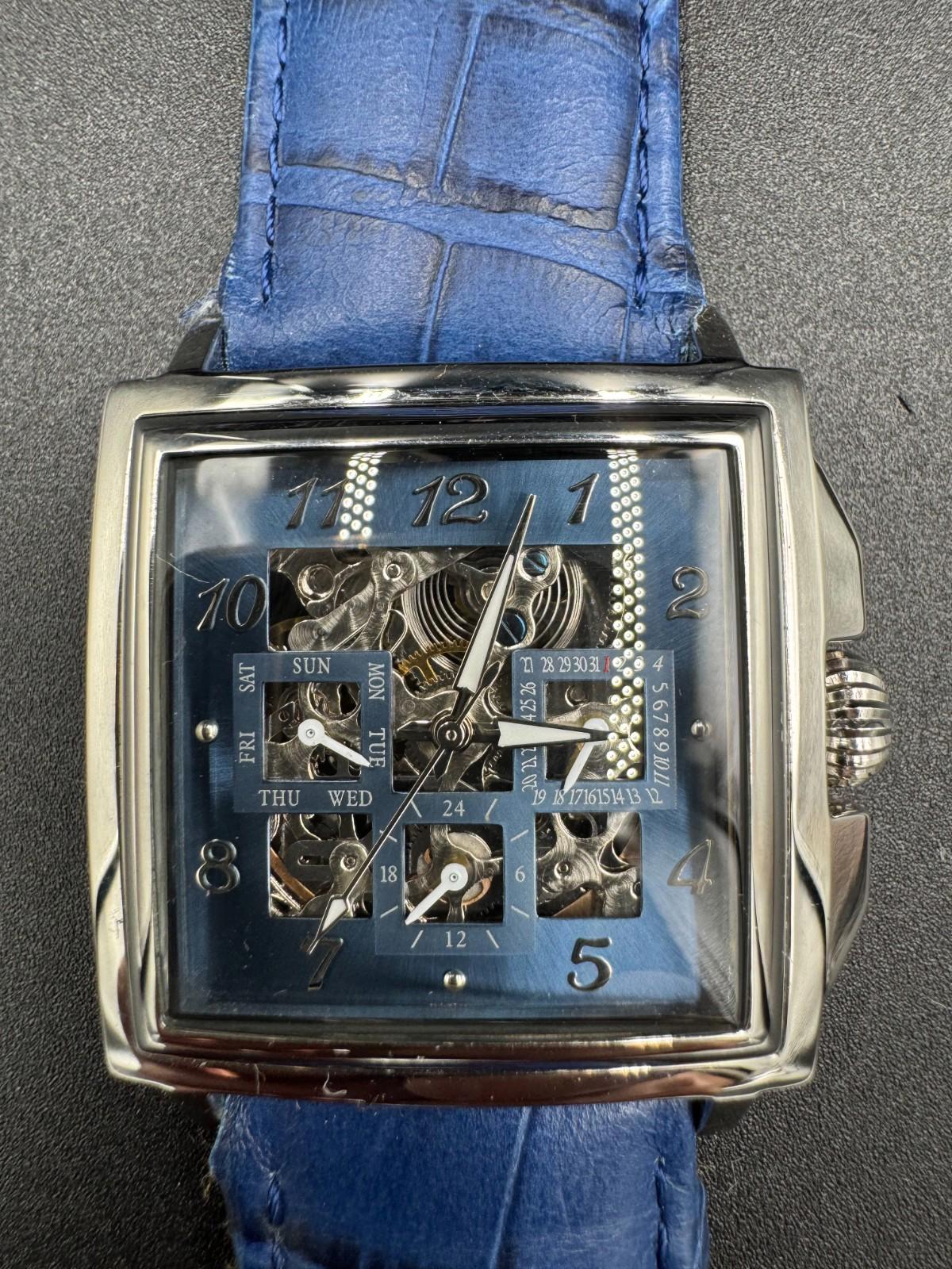 38mm Square SLVR/BLUE Auto Day Date 24-hour Blue Strap LOUIE BOLLE Mens Watches
