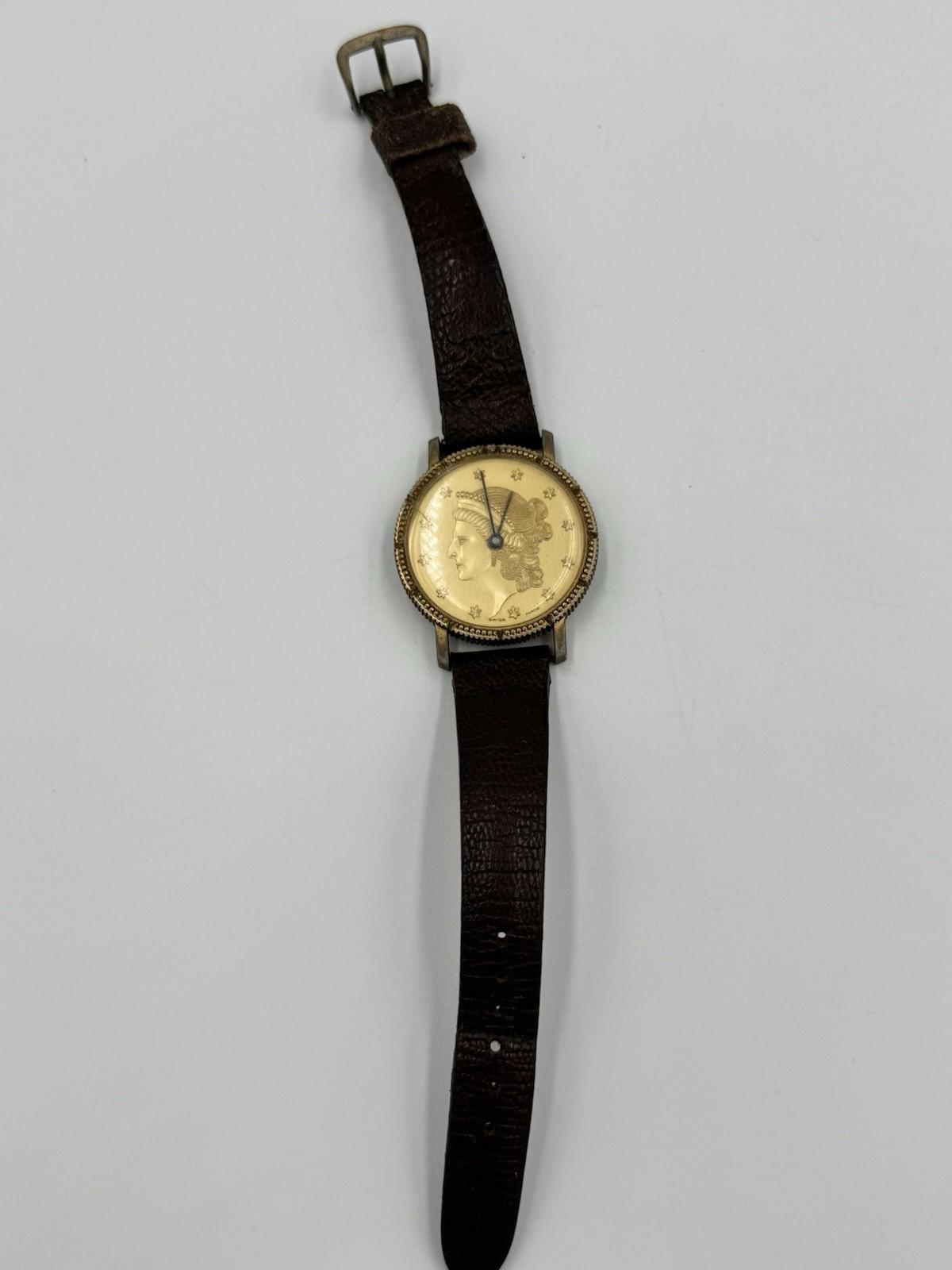 Buler Swiss Coin-Style Dial Watch Liberty Motif Rare 60s