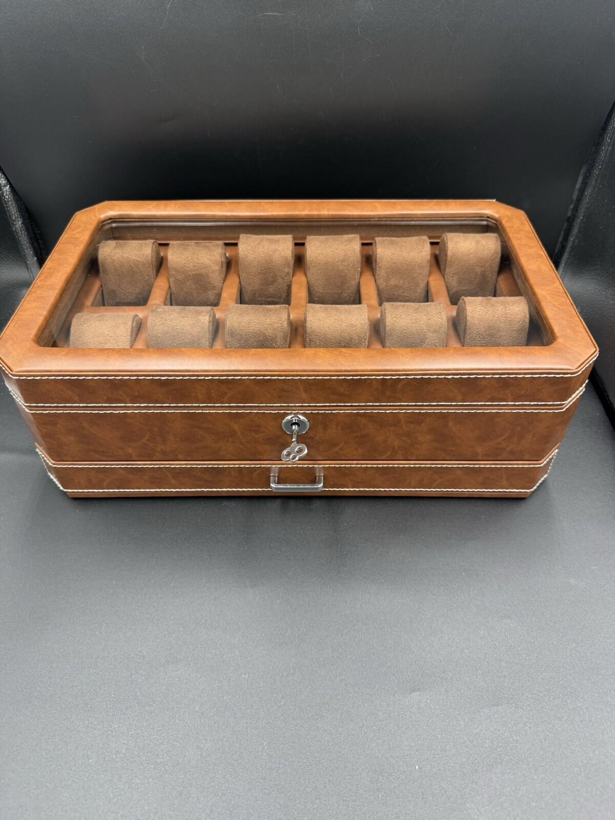 ROTHWELL 12 Slot Leather Watch Box - Luxury Case 12 - Tan / Brown - Near Mint Co