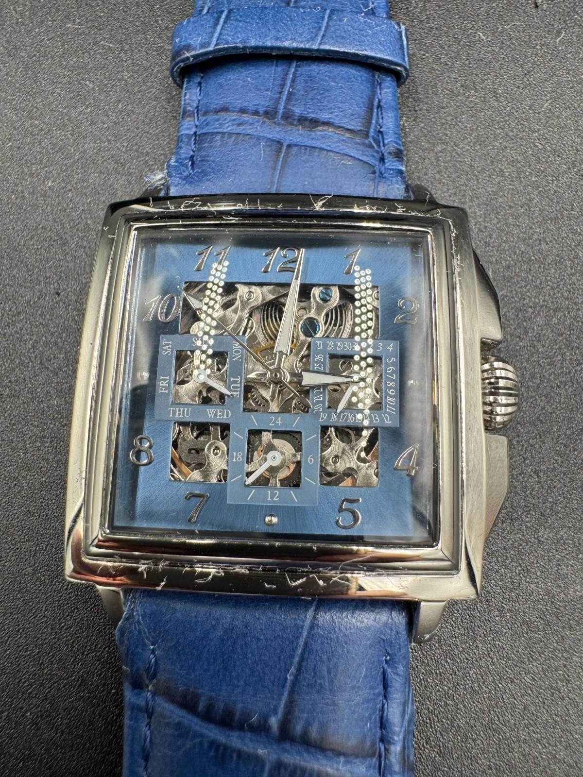 38mm Square SLVR/BLUE Auto Day Date 24-hour Blue Strap LOUIE BOLLE Mens Watches