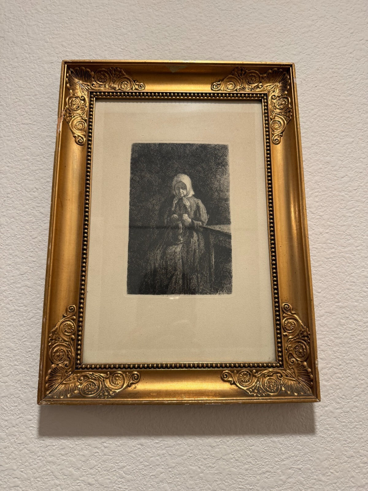 Antique 1900 Etching Old Woman Knitting Sewing J.V.N. Framed Very Good Condition