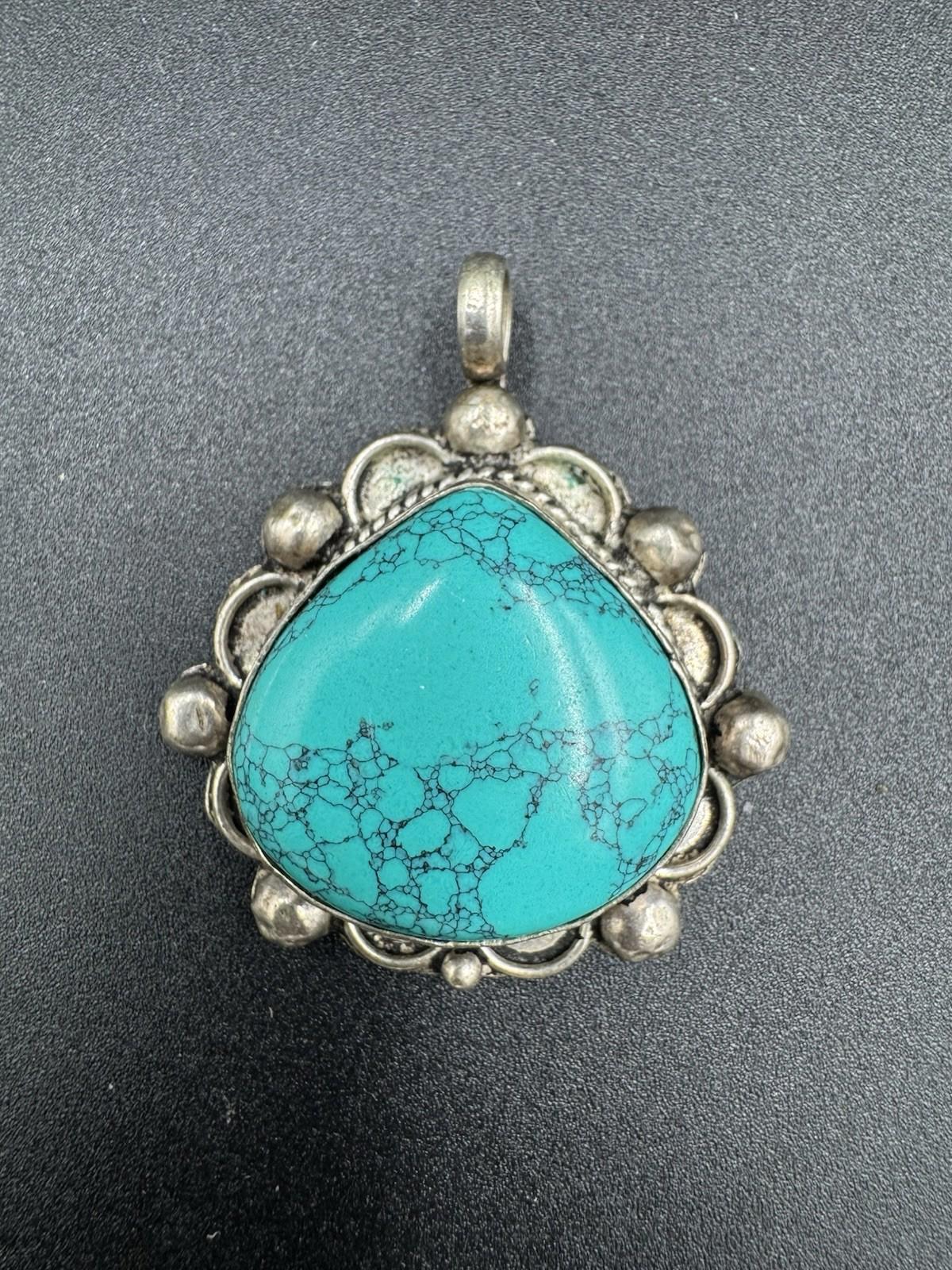 Vintage Navajo Turquoise Pendant Sterling Silver Spiderweb Matrix Heart Shape 22