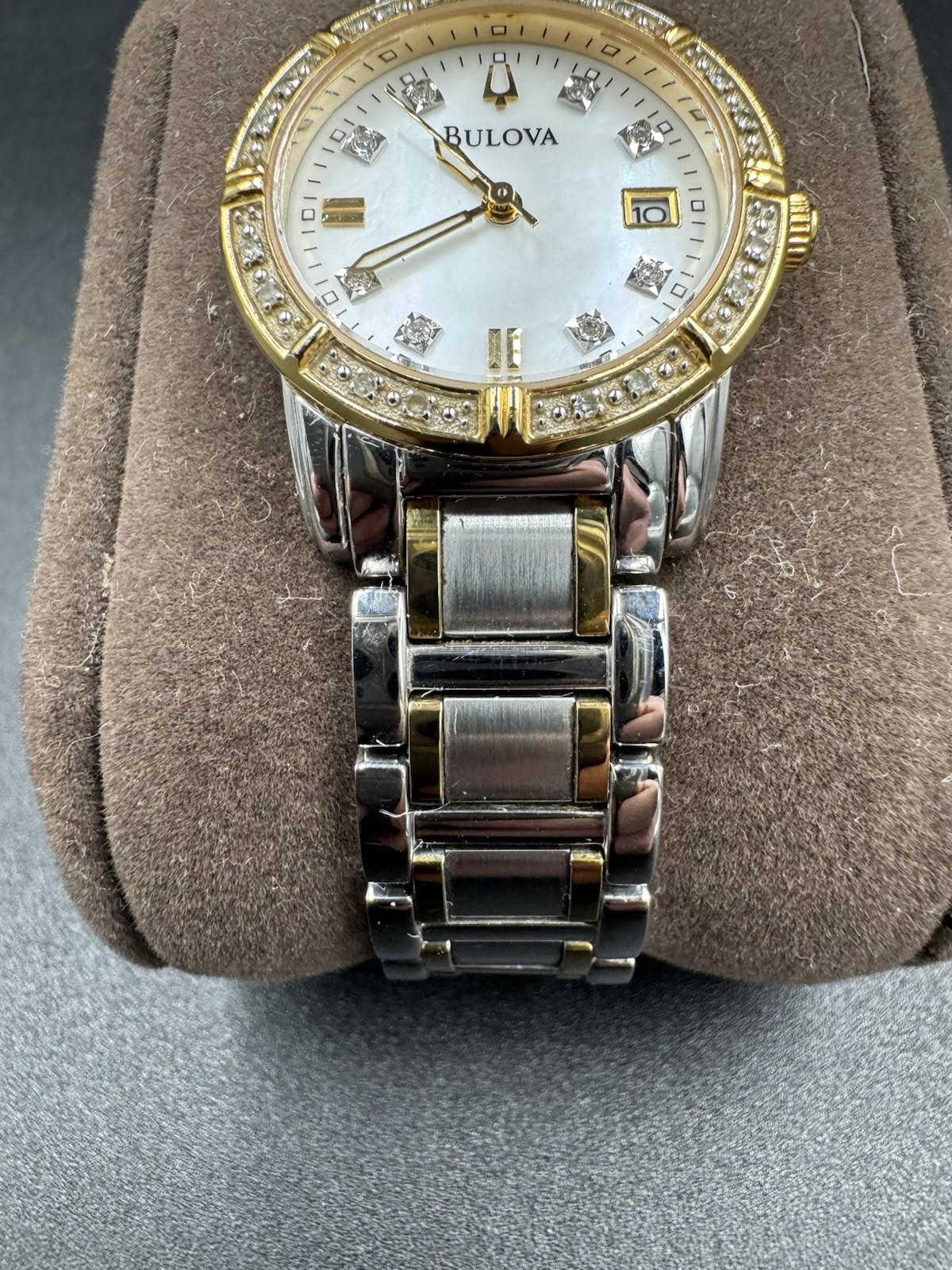Bulova Watch Women 26mm Silver Gold Tone 98R107 MOP Diamond with New Battery VG