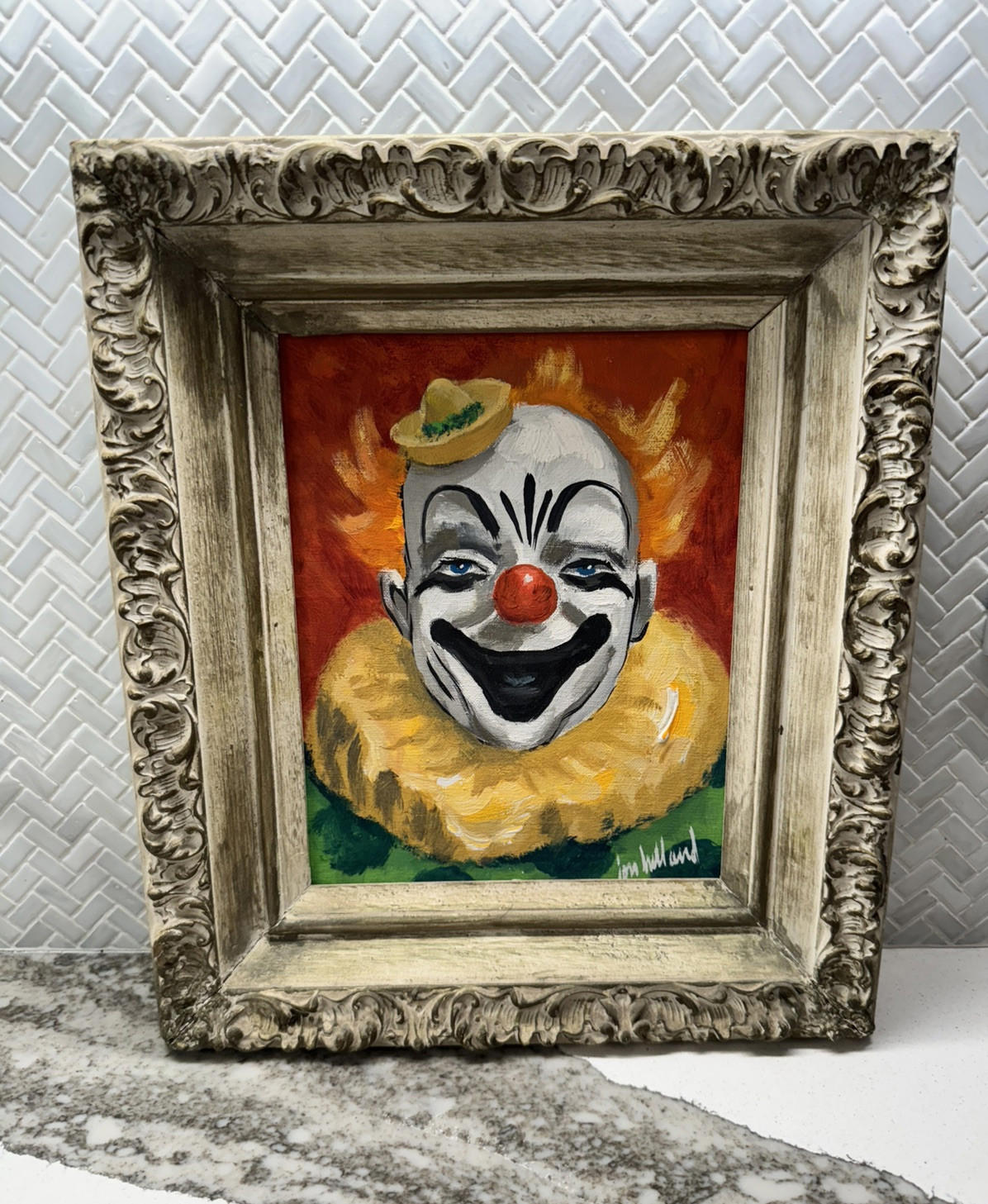 Jon Helland Clown Painting Signed Canvas Framed Painting