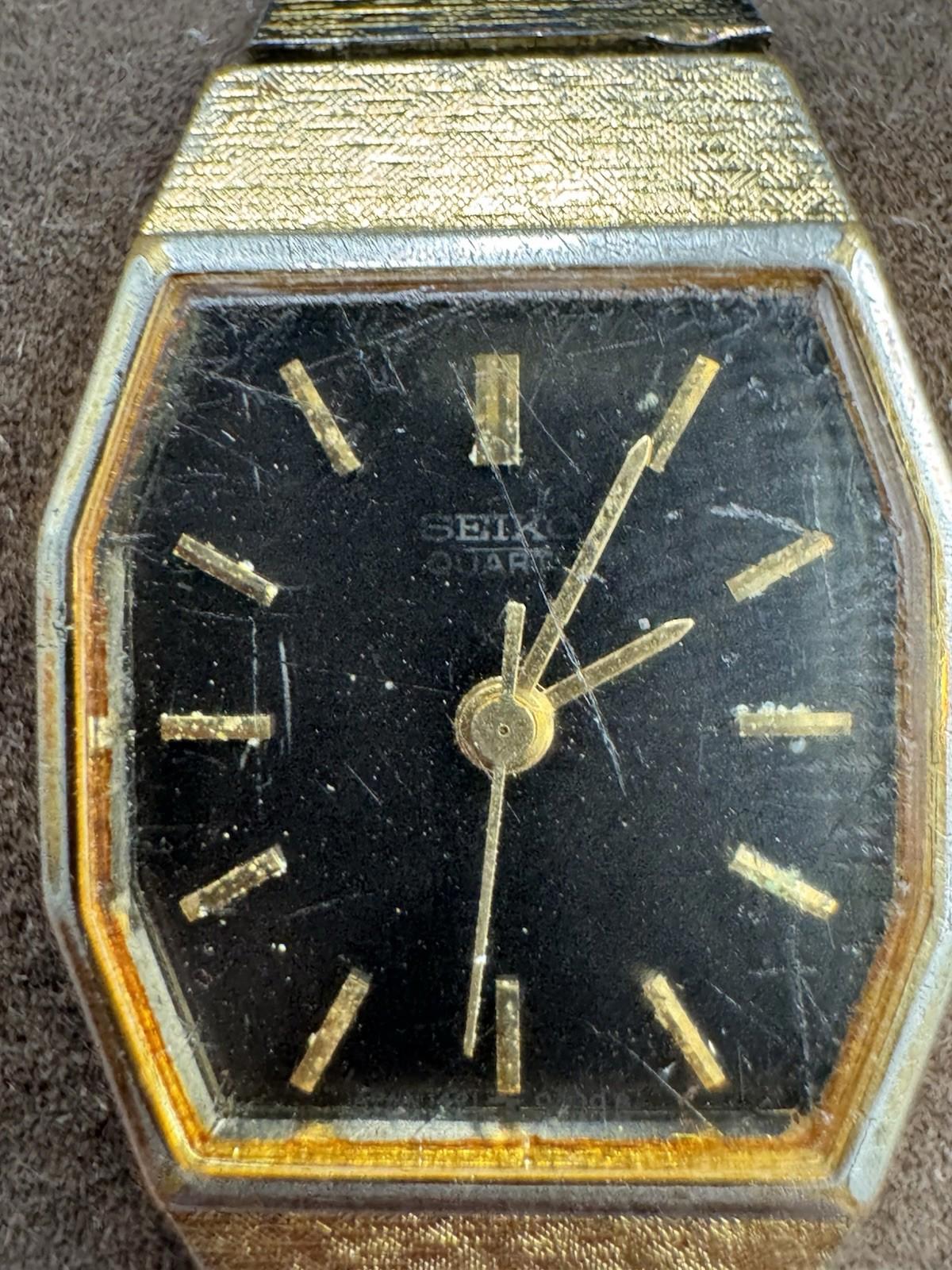Seiko Watch Women 17mm Black Dial Gold Tone Octagon 1421-5530 Needs Servicing Ba
