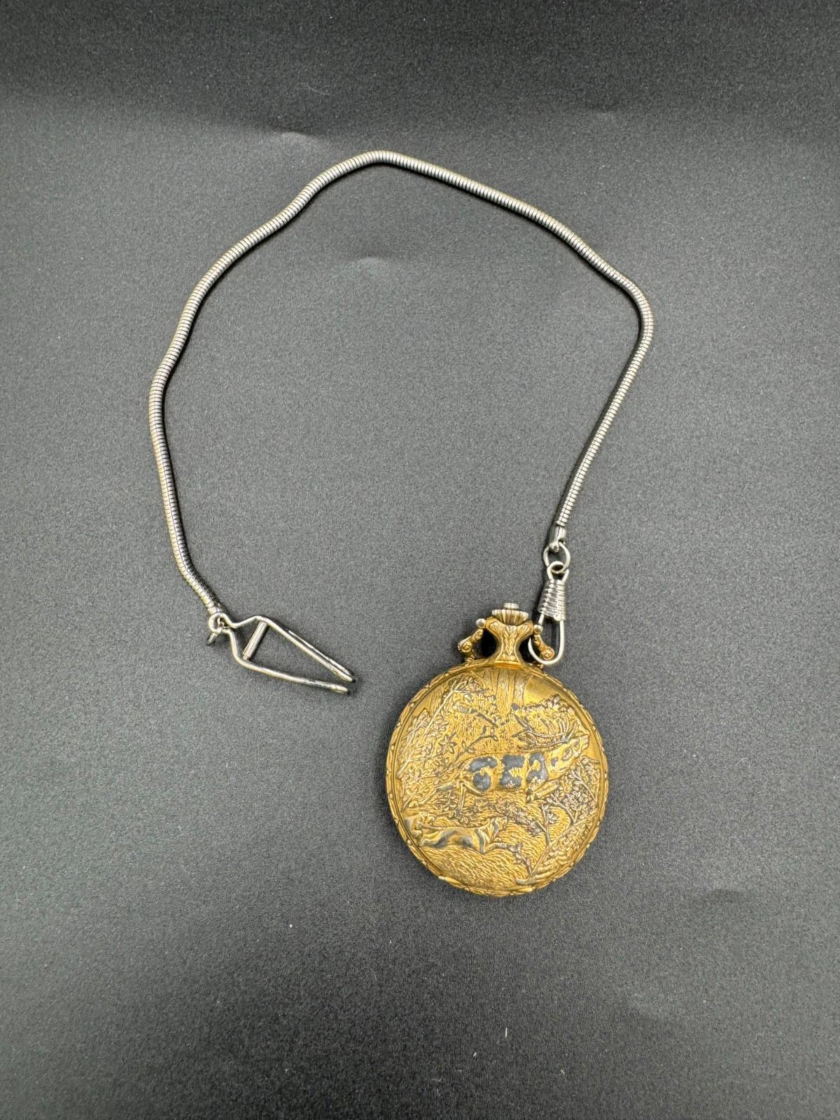 Vintage Majestime Swiss 17 Jewels Incabloc Deer Hunter Pocket Watch Chain To Dad