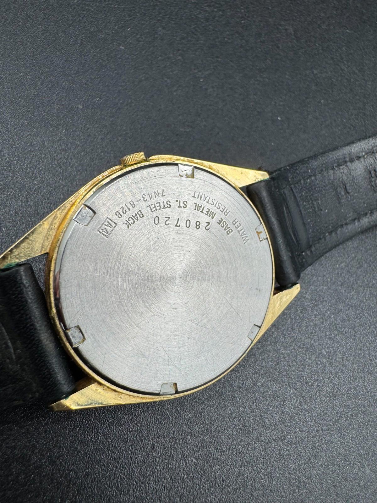 Seiko Quartz Vintage Black Dial Gold Tone Case 34mm 7N43-8128 - Needs Servicing
