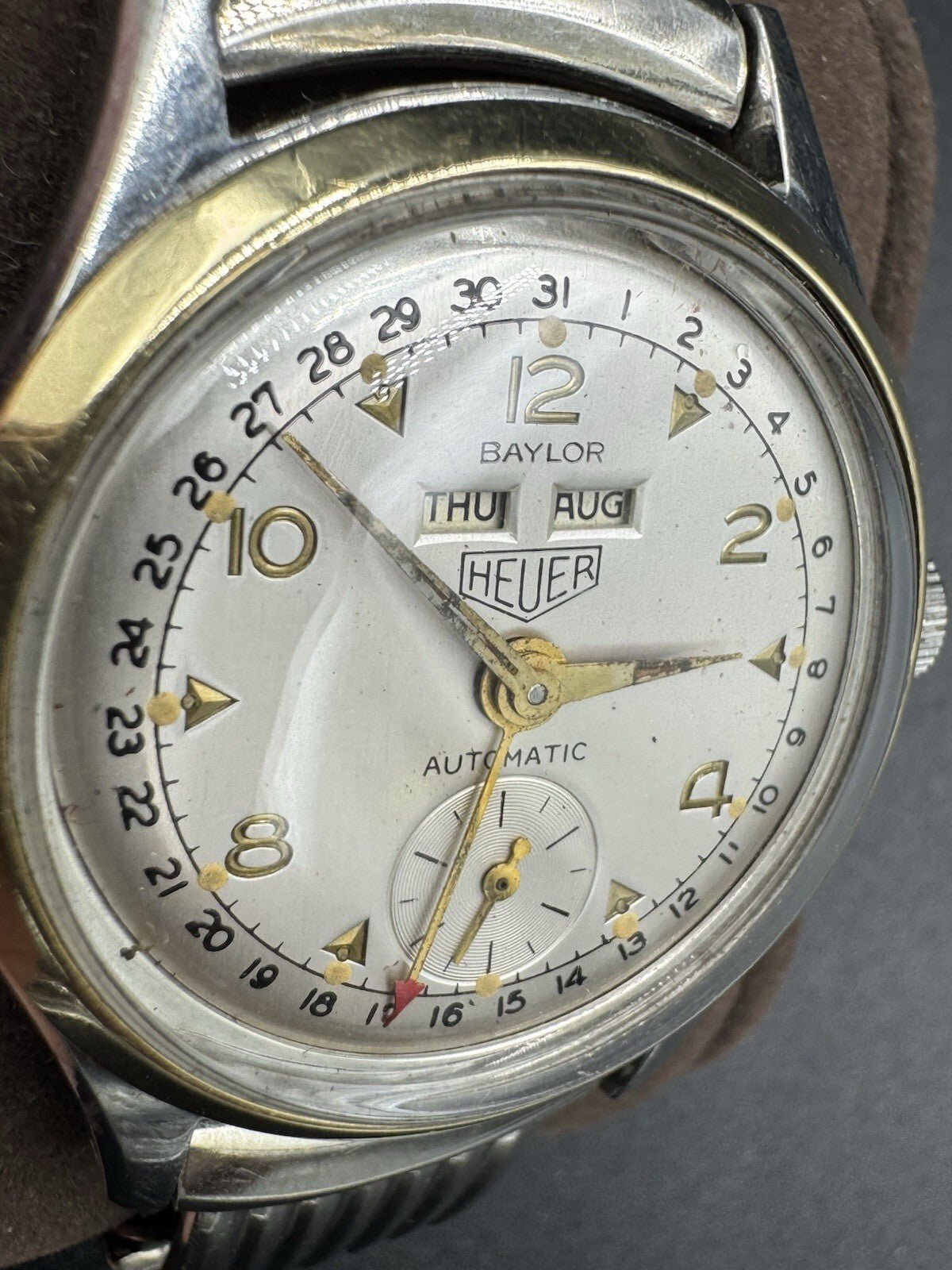 Antique Baylor Heuer Triple Date Bumper Automatic Watch 10K GF TOP CAPS Serviced