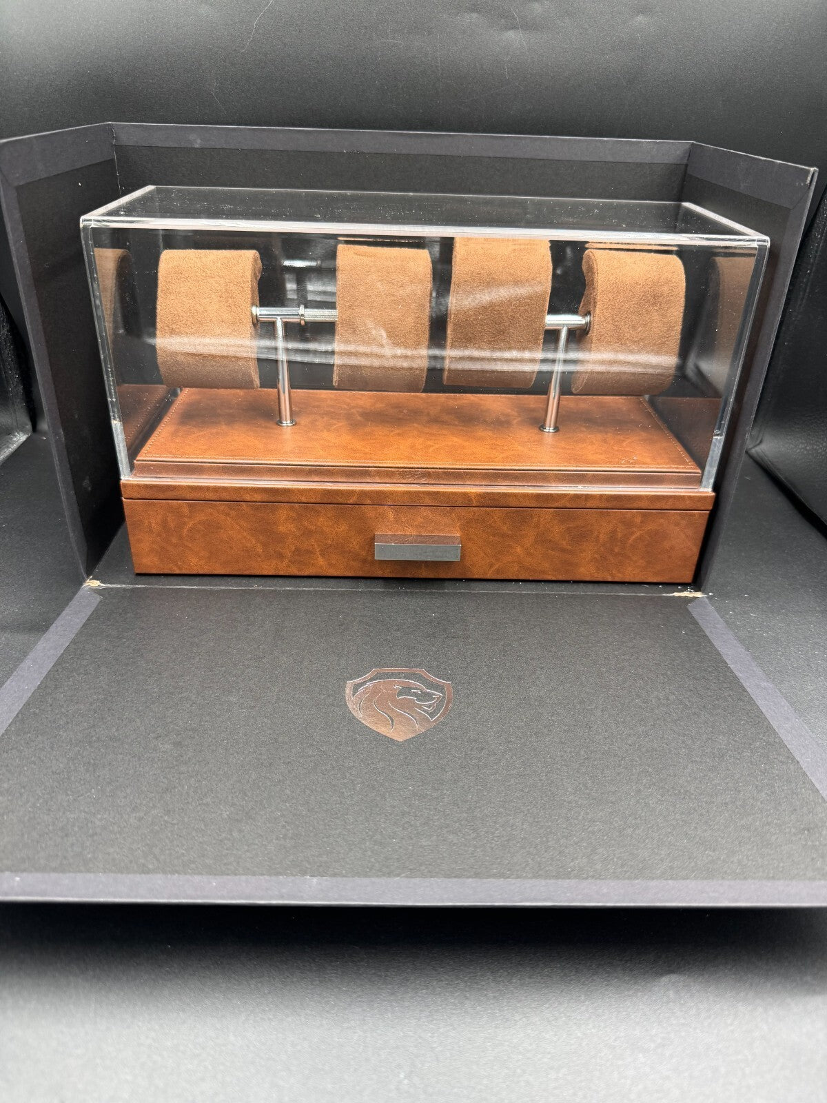 ROTHWELL 4 Slot Leather Watch Box with Valet Drawer - Luxury Case Display Brown