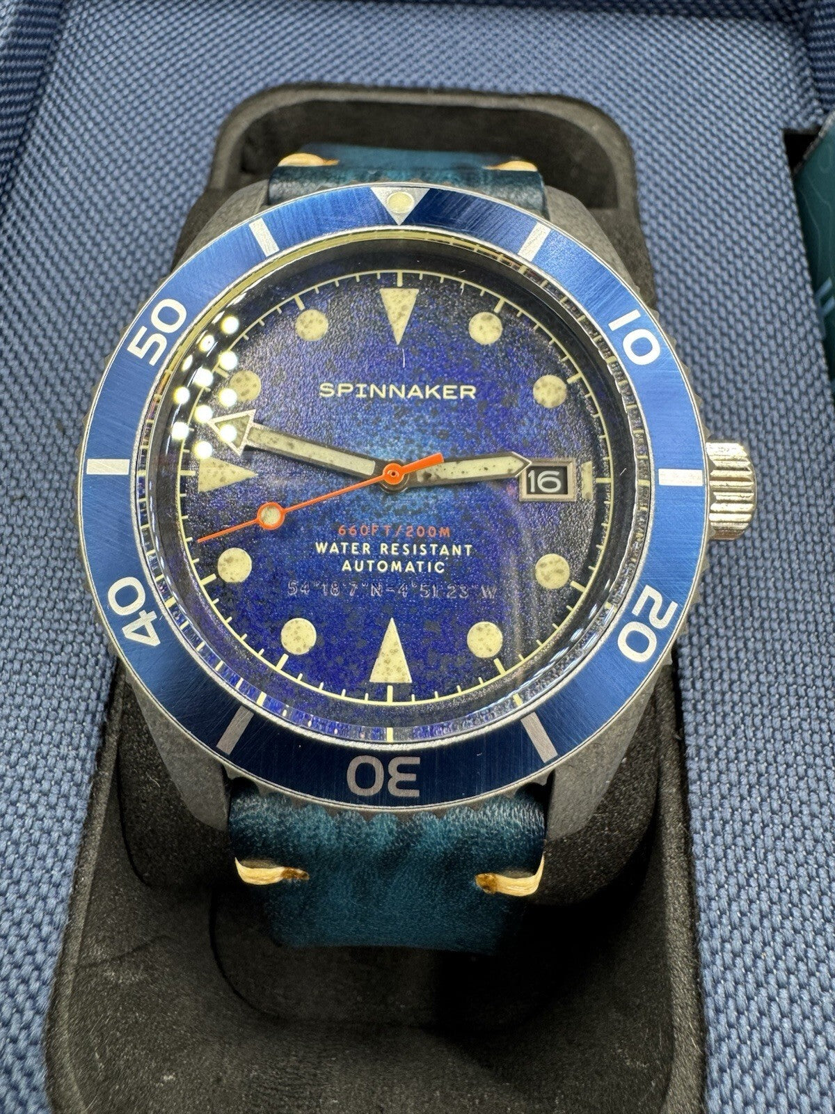 Spinnaker Wreck Auto Diver Oxidized Blue Leather Strap 44mm Watch Near Mint Cond
