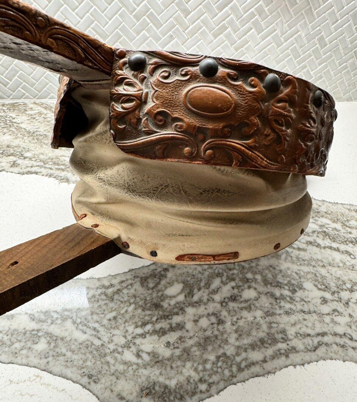 Antique Hand Tooled Leather Fireplace Bellow Wood Vintage