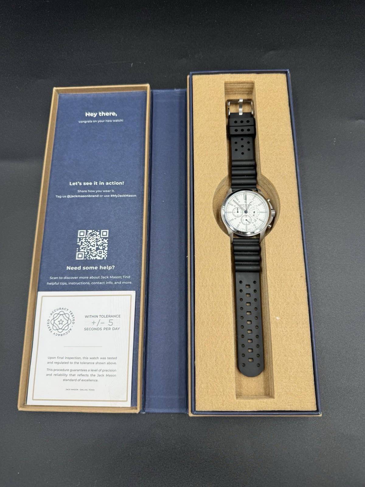 Jack Mason JM-F102 Chronograph Watch White Dial 38mm w/ Box Black Rubber Band OG