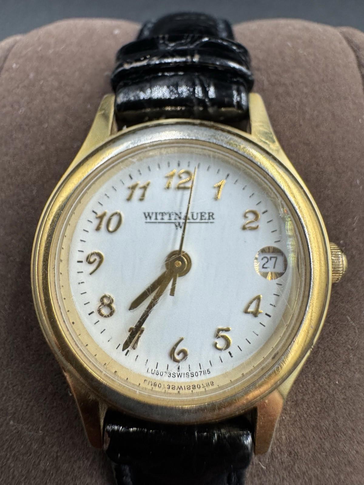 Vintage Wittnauer Women's Gold Tone Quartz Watch White Dial Date Swiss Made