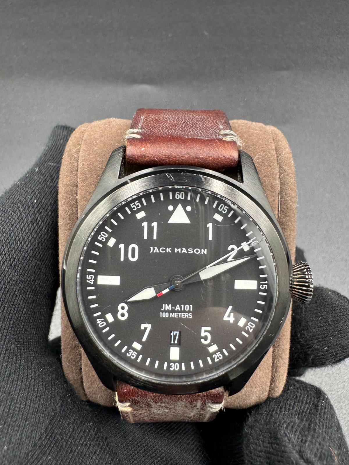 Jack Mason JM-A101 Aviation Black PVD Pilot Watch Leather Strap 42mm - Rare VG+