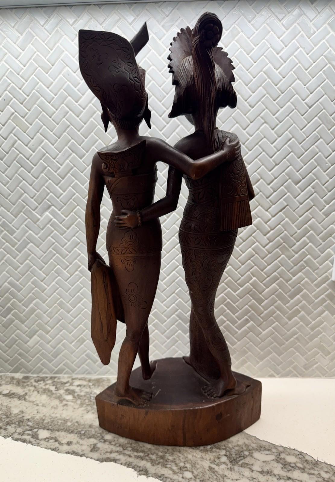 Vintage BALI WOMANS Hand Carved WOOD Sculpture Couple Statue