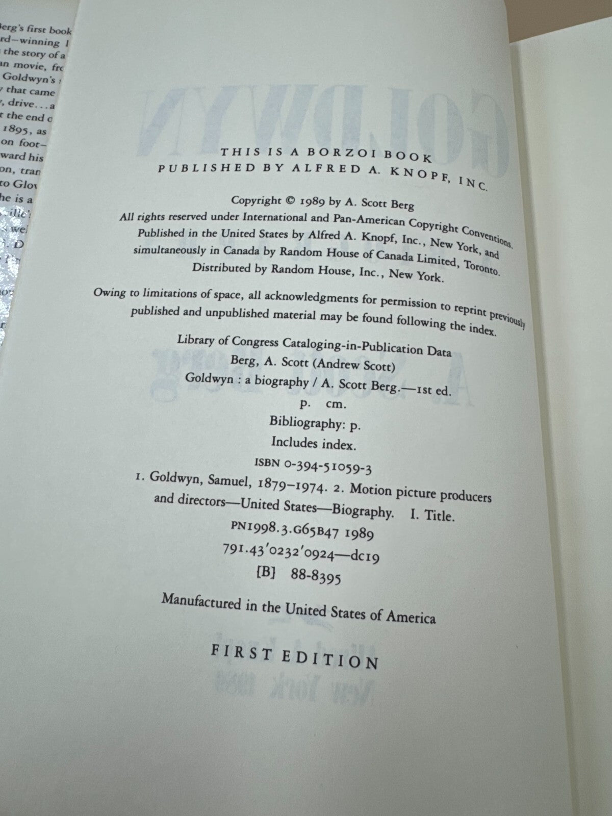 Goldwyn A Biography Signed by A Scott Berg & Samuel Goldwyn - Very Rare Piece NM
