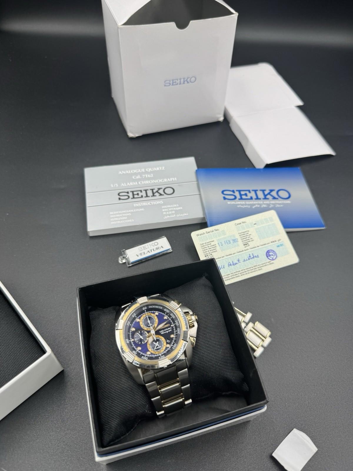 Seiko Velatura SNDX99 Chronograph Blue Dial Quartz Watch w/ Box Papers 7T62-0HD0