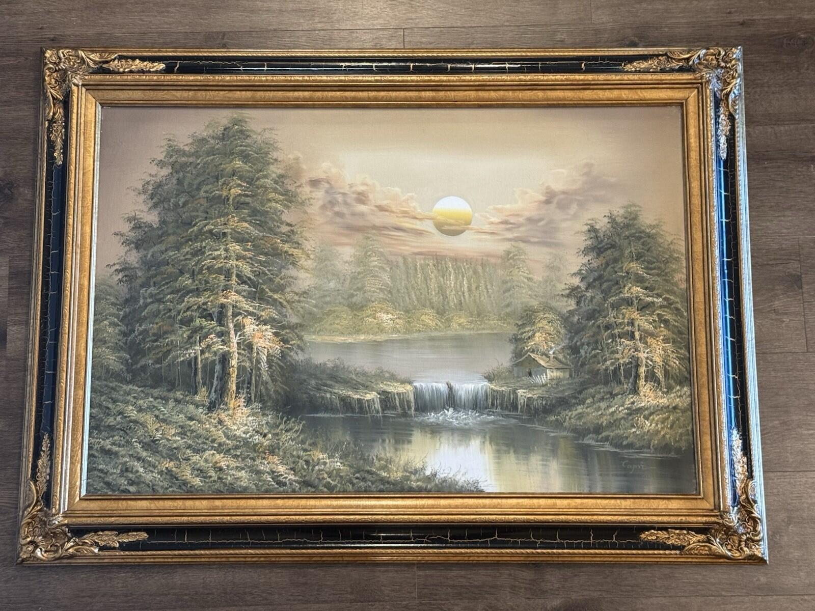Original Signed “Capri” Oil Painting Forest Lake Cabin Waterfall Sunset Framed G