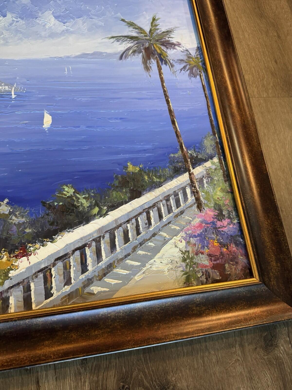 Original Signed Oil Painting Mediterranean Coastal Village Seascape Framed - VG+