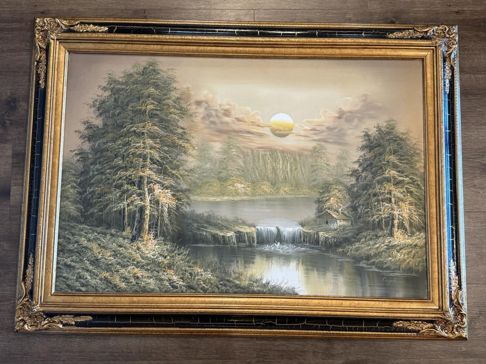 Original Signed “Capri” Oil Painting Forest Lake Cabin Waterfall Sunset Framed G