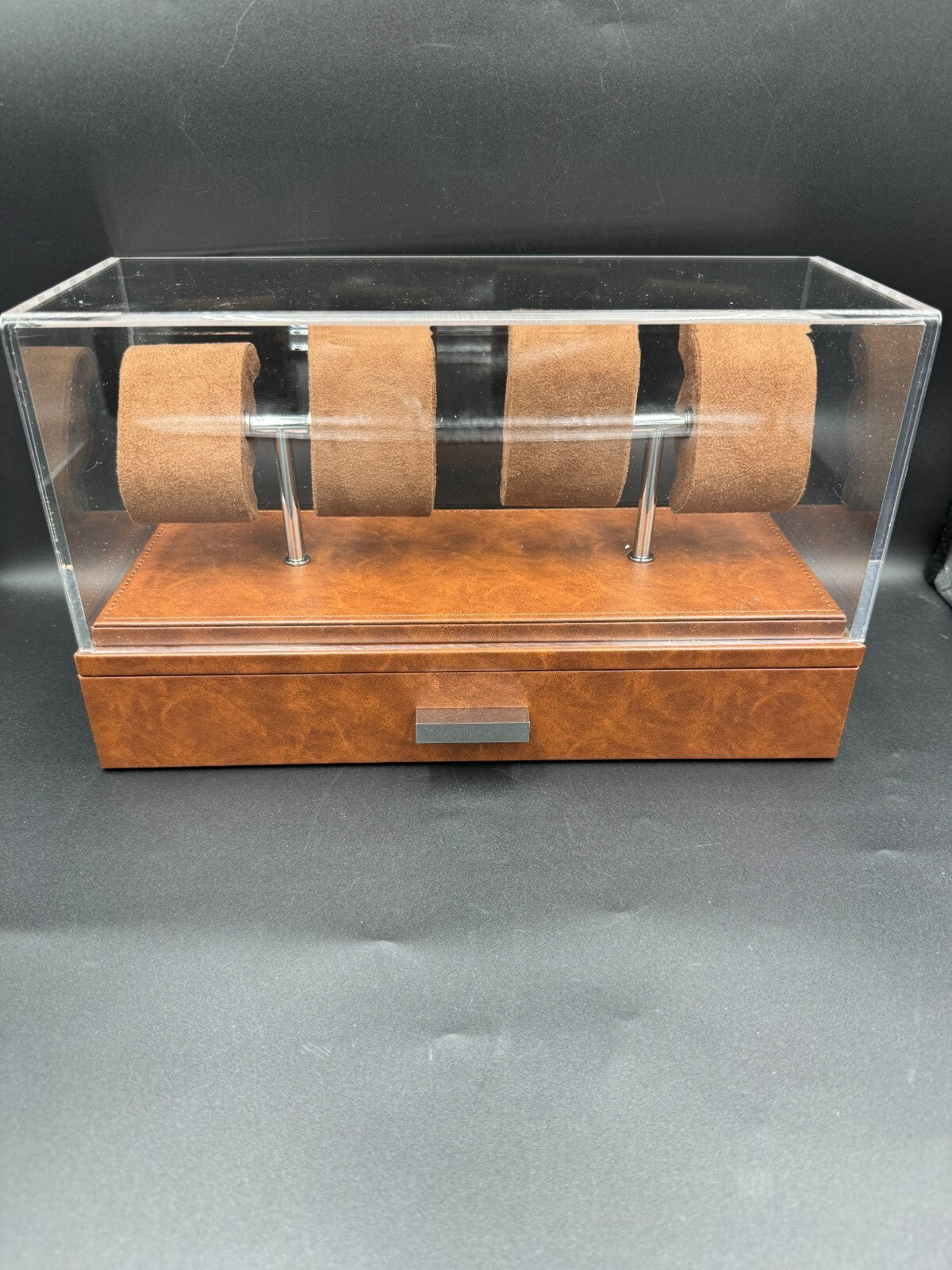 ROTHWELL 4 Slot Leather Watch Box with Valet Drawer - Luxury Case Display Brown